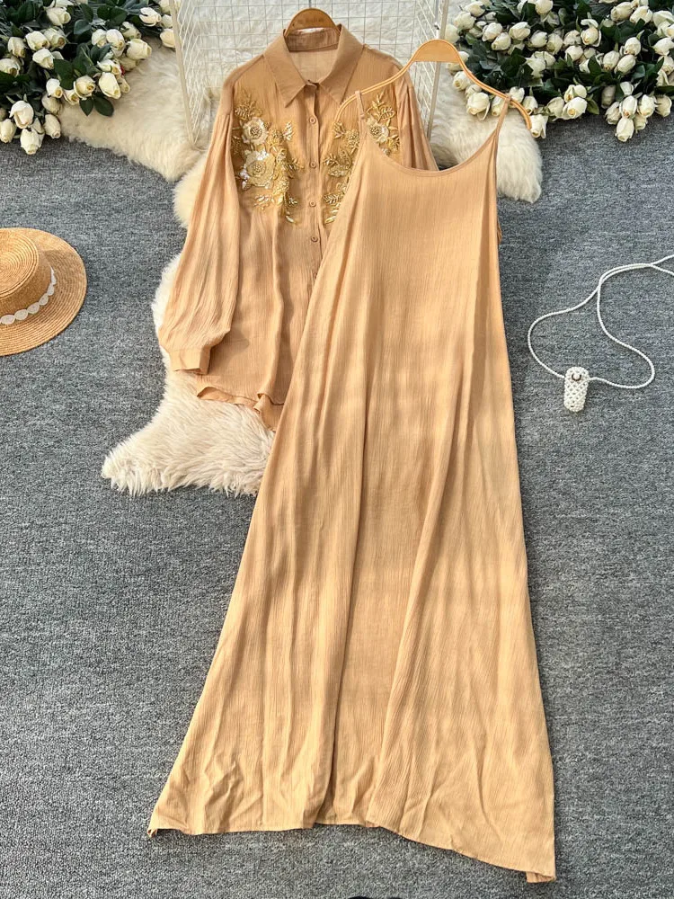 

Ele Lazy Sle Long Sve Embroidered irt And ter Dr Two Piece Set Women's Slimming Autumn Faion Set