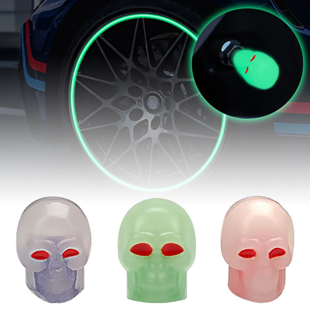 Car Luminous Tire Valve Cap Skull Wheel Hub Glowing Dustproof Universal Fluorescent Tire Nozzles Stem Covers for Motorcycle Bike