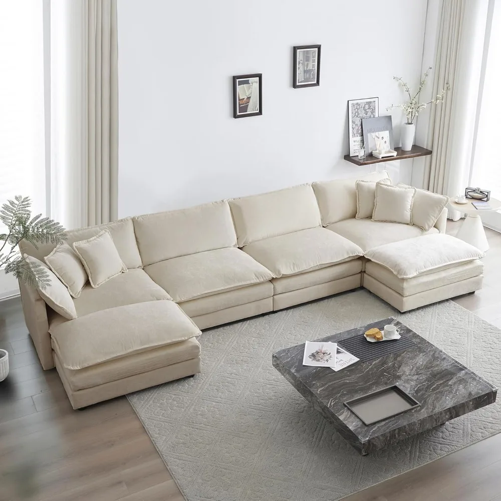

Oversized U-Shaped Modular Sectional Sofa, Modern Chenille 4-Seater Deep Seat Cloud Couch with 2 Ottomans/Chaises & 6 Pillows f