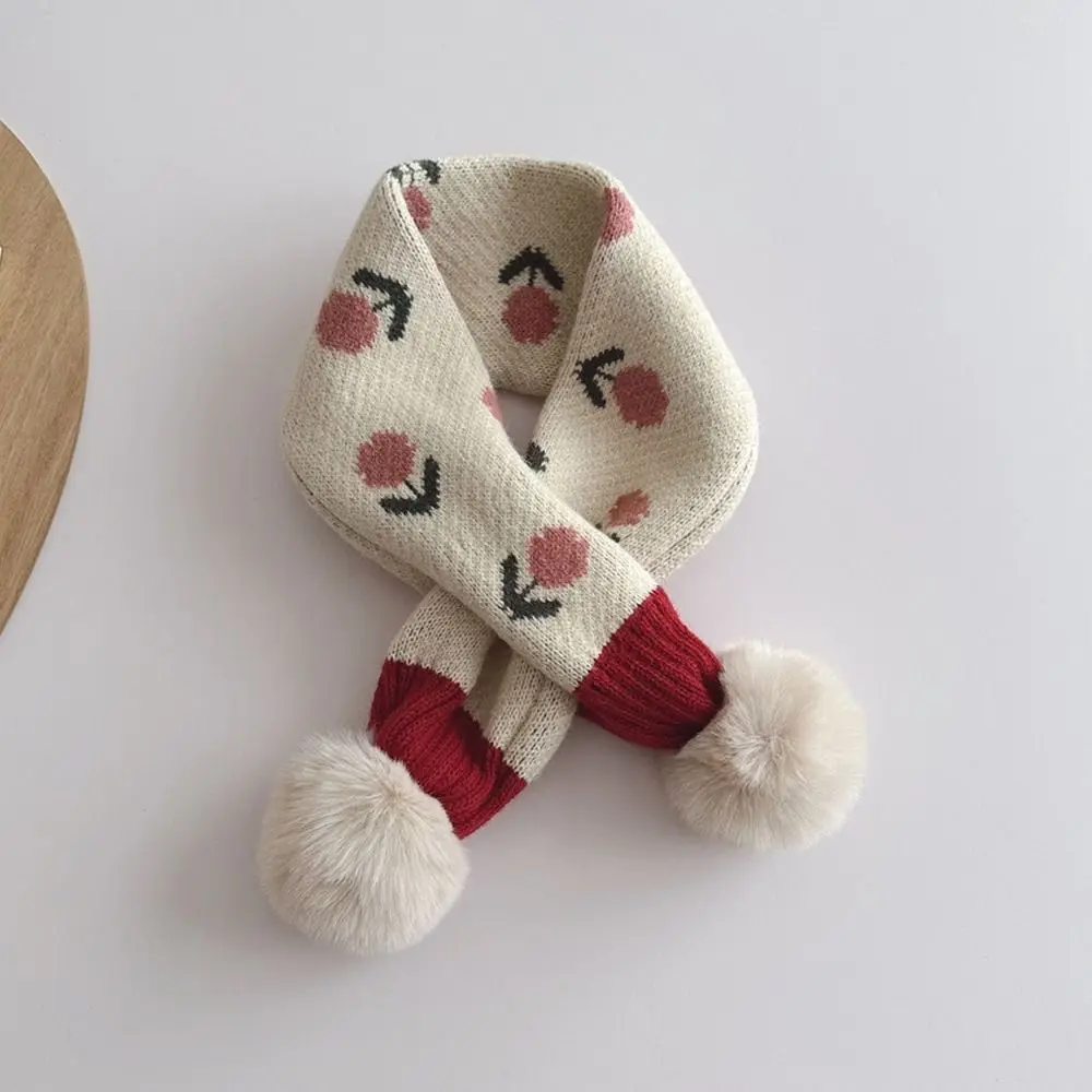 Jacquard Pattern Children Knitted Scarf Flower Print Pompon Baby Girls Scarf Warm Neck Cover Windproof Cross Scarf