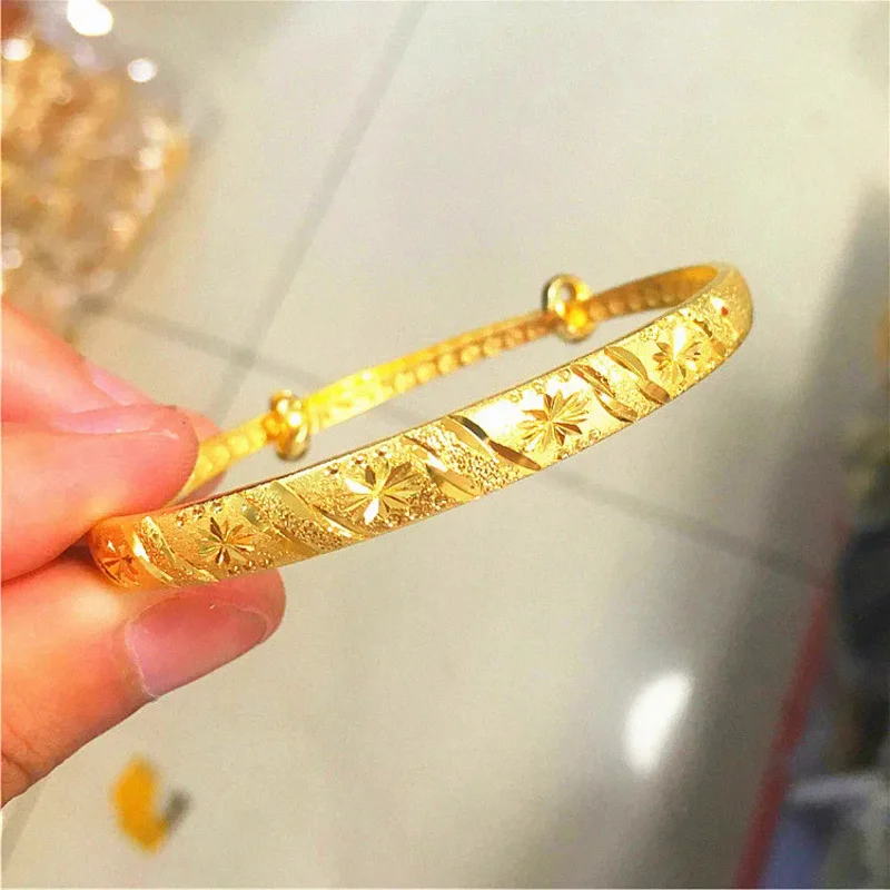 Pulsera chapada en oro 100% de 24k y 18K, adorno de oro puro duro 3D, pulsera de lucha para mujer, joyería de boda push-pull