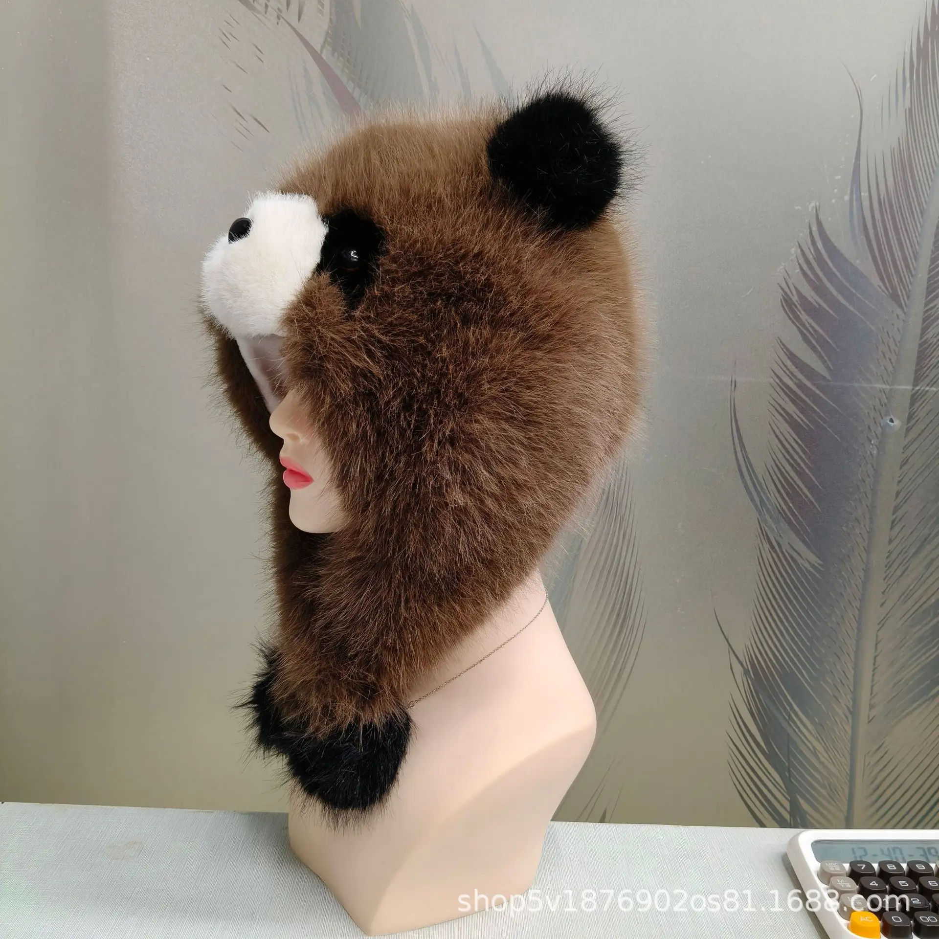New Panda Hat Fashion Faux Fox Fur Long Cartoon Big Nose Earflap Hat for Adults Winter Parent-Child Hat