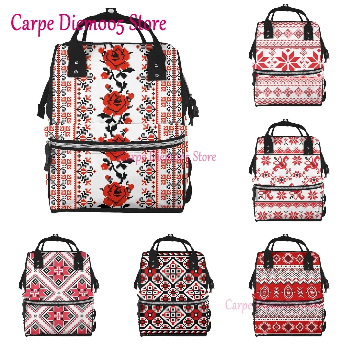 Ukrainian Embroidery Style Printed Mummy Backpack Diaper Bag Multi-Function Maternity Nappy Bags, Kid Bag with Laptop Pocket