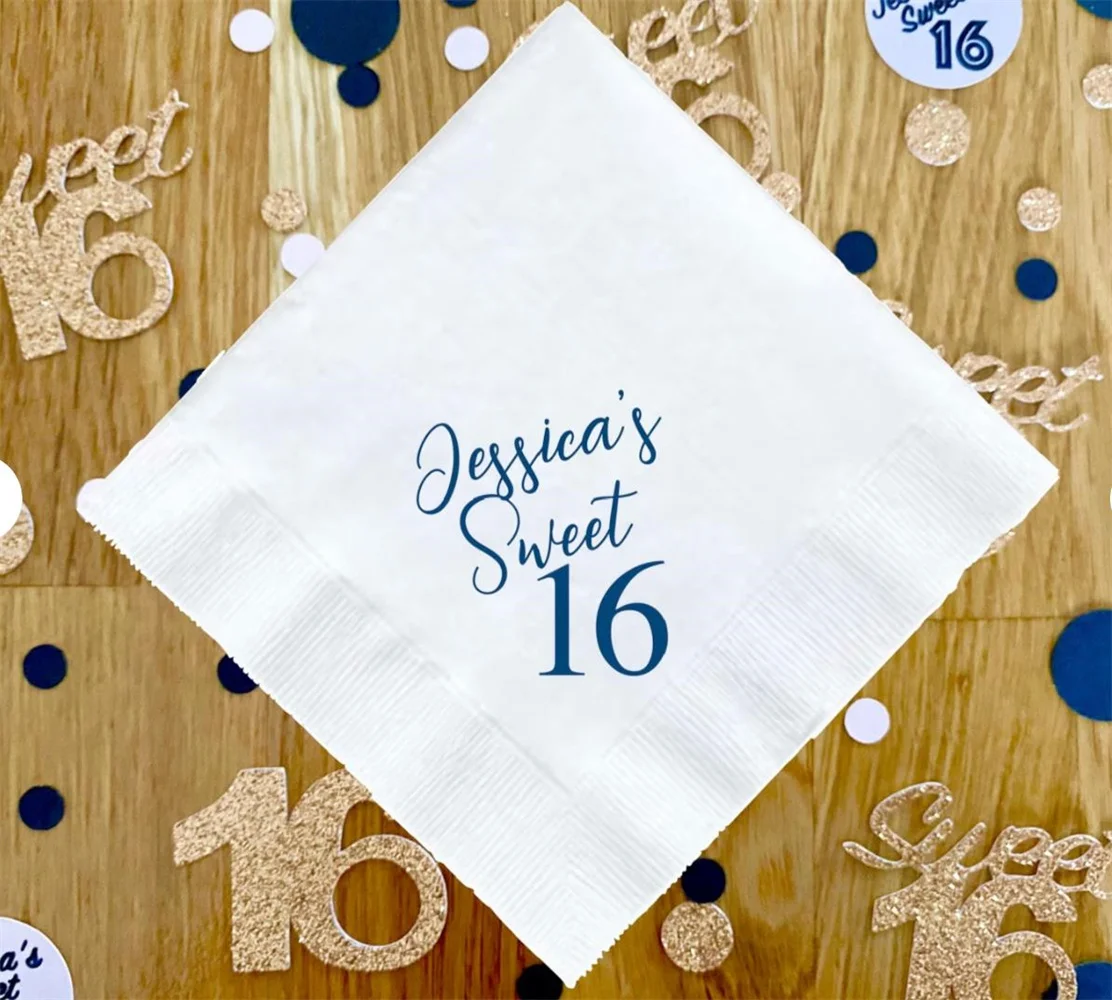 50 servilletas personalizadas de 16 dulces, servilletas de fiesta dulces 16, dulces 16 recuerdos, decoración de fiesta dulce 16, decoraciones dulces dieciséis,
