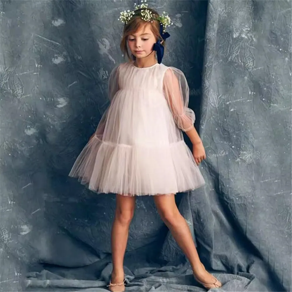 Robe blanche à trois quarts avec tutu pour petite fille, jolie tenue de mariage, pour anniversaire