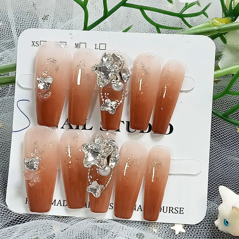 3D Rhinestone Press On Nails Detachable False Nails with Charms Reusable 10 Nail Kit with Jelly Gel Glue DIY Home Nails Art