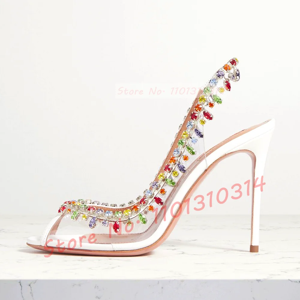 

Colorful Crystal Pendant Pvc Sandals Women Peep Toe Sparkly Slingback High Heels Rainbow Shoes Elegant Casual Party Female Pumps