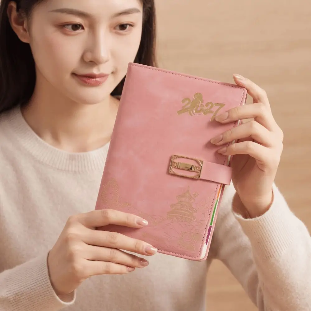 Thickened Paper 2027 Year Planner Faux Leather Ribbon Bookmark A5 Business Notebook Multi Color Dated Layout