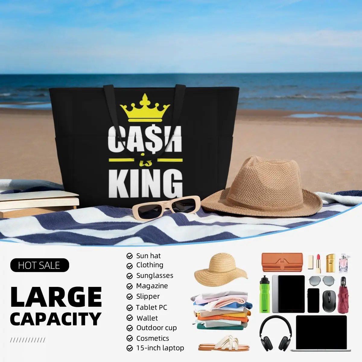 Cash Is King-Sac de voyage de plage unique, sac fourre-tout amusant, motif multi-style, cadeau d'anniversaire populaire