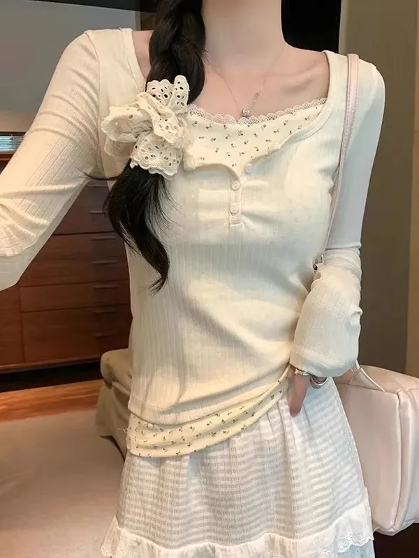 

Floral Lace Trim ort Sve T-irt Women Summer Casual Two Piece Pure Desire Spicy Girl oulder Match Base irt Inner Wear