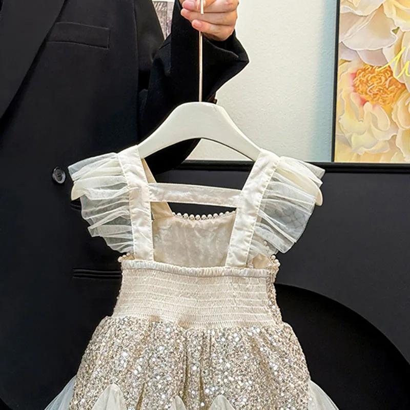 ملابس أطفال بناتي مطرزة بأكمام طائرة فساتين حفلات صيفية جديدة للفتيات سترة شبكية أنيقة فستان الأميرة للحفلات المسائية