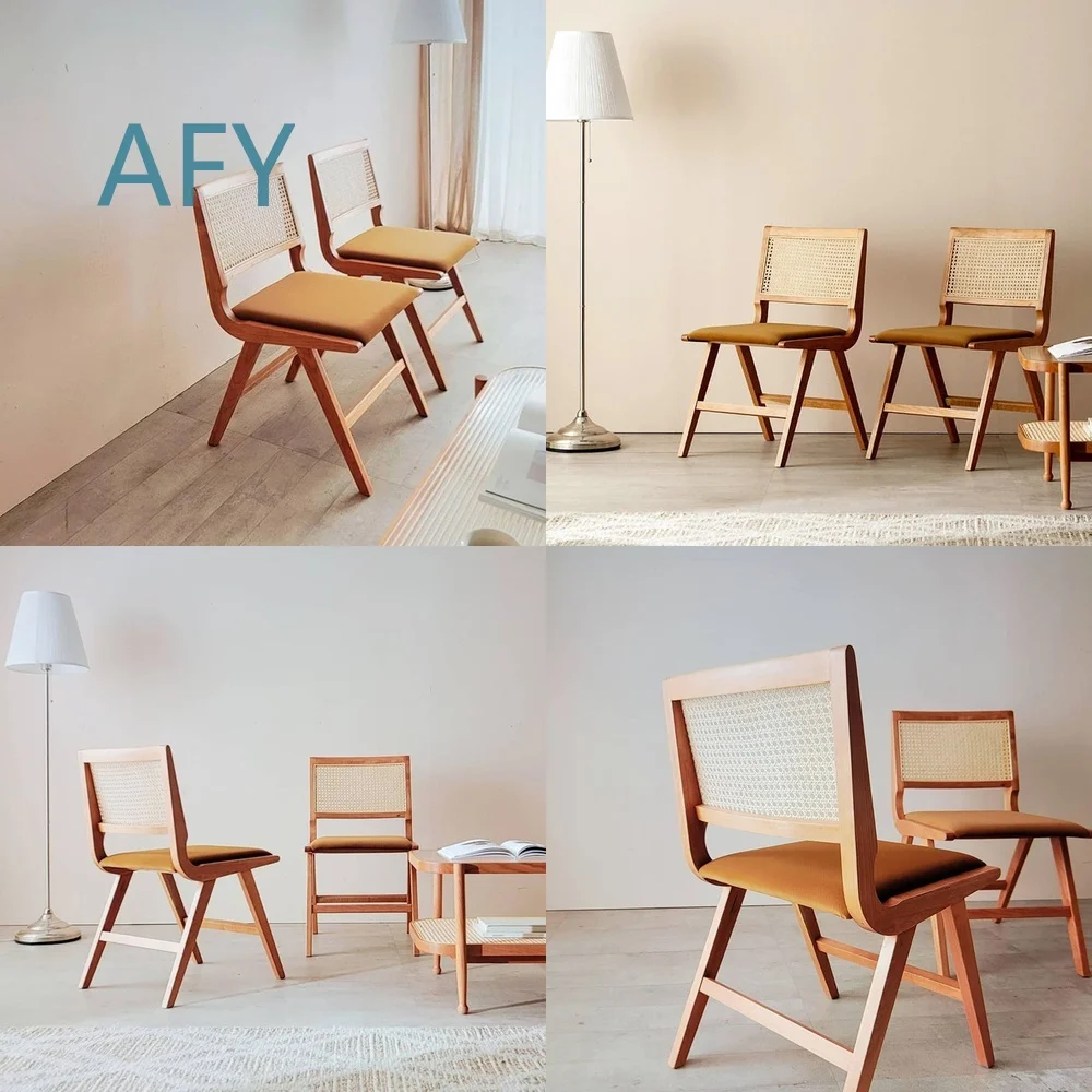 Nordic Japanese Style Wicker Dining Chair for Vintage Home Decor Rustic Soft Back Seat for Cafe Bistro Living Room Solid Wood