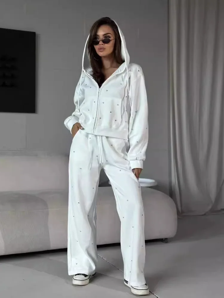 

Hooded Zipper Long Sve Full Body Rhinestone Top Dstring Pants Sweatirt Set Two Piece Set Faionable Spor Outfit