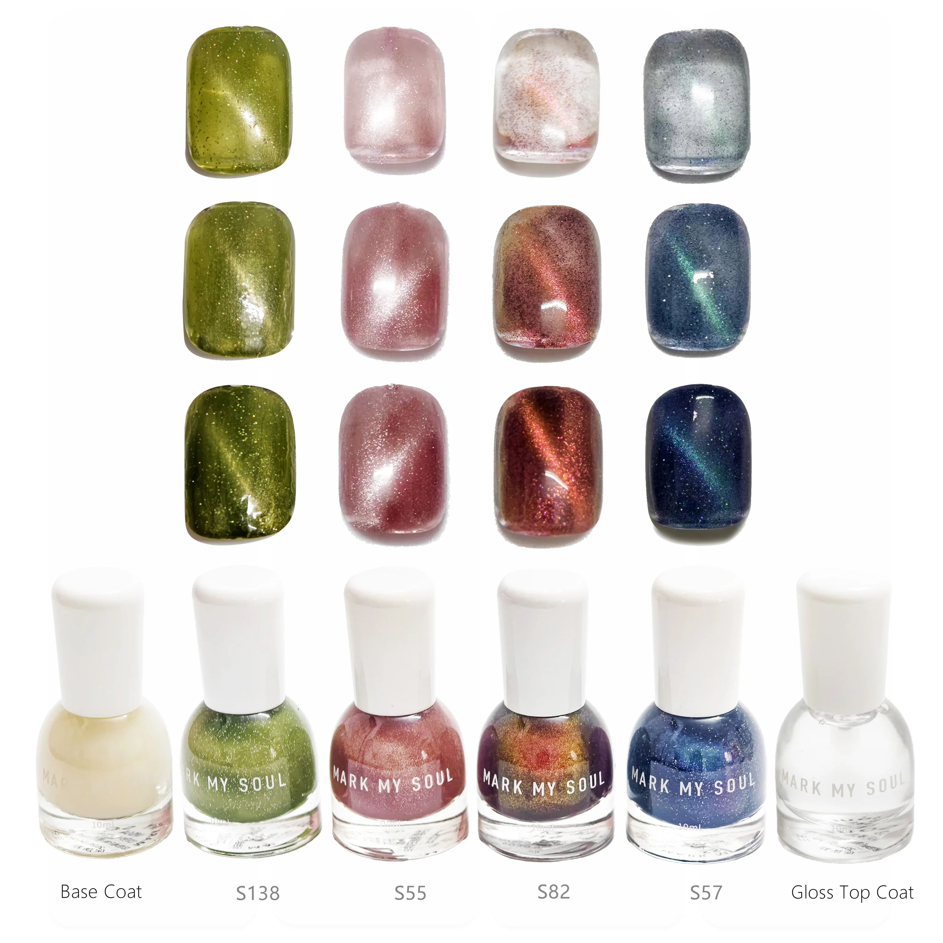 6 Pieces Sweet & Cool Multi Contrast Shimmer Cat Eye, MARK MY SOUL No UV Lamp Cat Eye Nail Polish Set, 4 Cat Eye Polishes S138/S