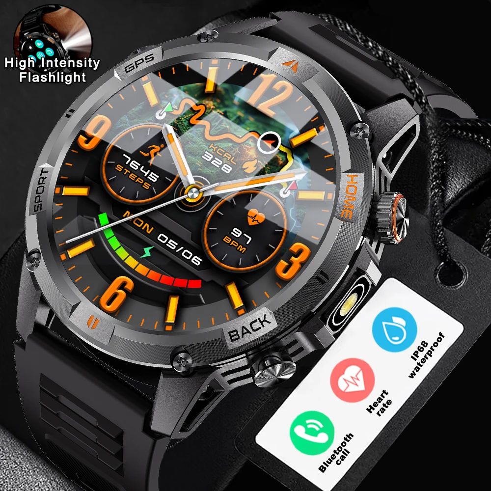 2026 New GPS Outdoor Sports Men Smart Watch Health Monitoring 100+ Sports Modes LED torch 580mAh IP68 Bluetooth Call SmartWatch