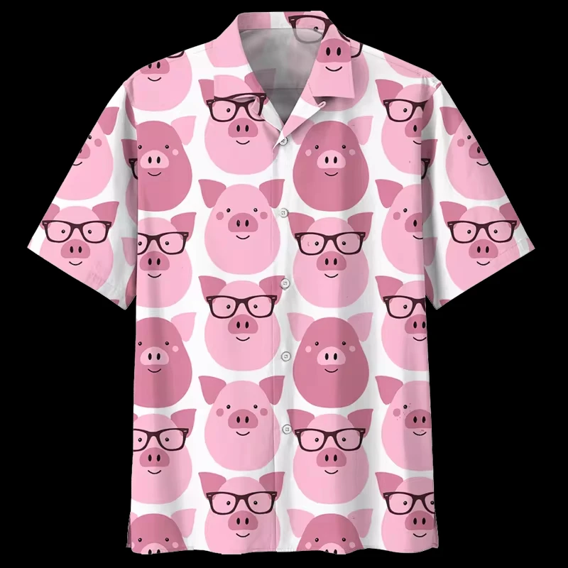 

Hot Sell Summer Men Clothing 3d Print Pink Pig Men Hawaiian Shirts Men Beach Vacation Shirt Men Fashion Holiday Button-Up Blouse