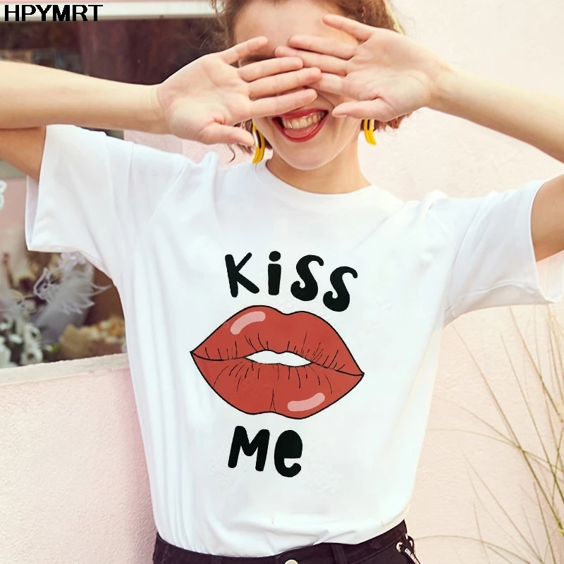 Women's T Shirt Lady Tops Fashion Tshirt Ladies Graphic Harajuku Female T-shirts Short Sleeve Clothing Kiss Me Print O-neck Tee