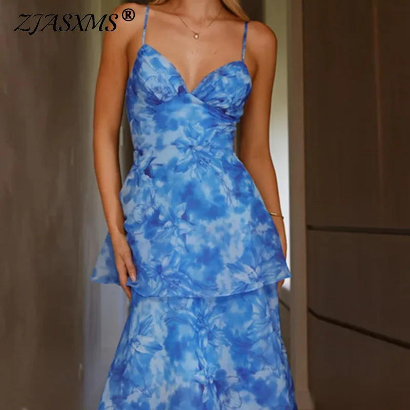 Boho เซ็กซี่ V คอเอวสูง Ruffle เค้กชุดผู้หญิงฤดูใบไม้ผลิดอกไม้พิมพ์ชีฟองชุดยาวฤดูร้อนใหม่ Backless Zip ชุดสลิง