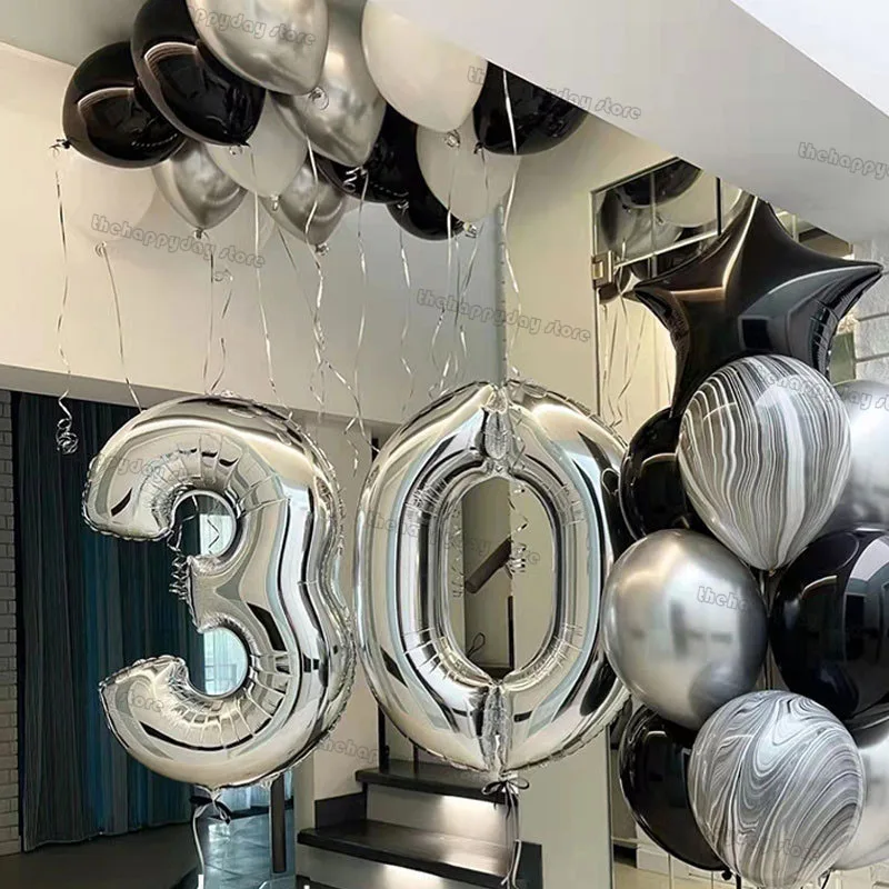 13/1 Stück Silber-Luftballons mit Zahl 30, Schwarz-Weiß-Silber-Zahlen-Folienballon „Happy 40 50. Geburtstag“, Jahrestag, Hochzeitsdekorationen – Detail 40