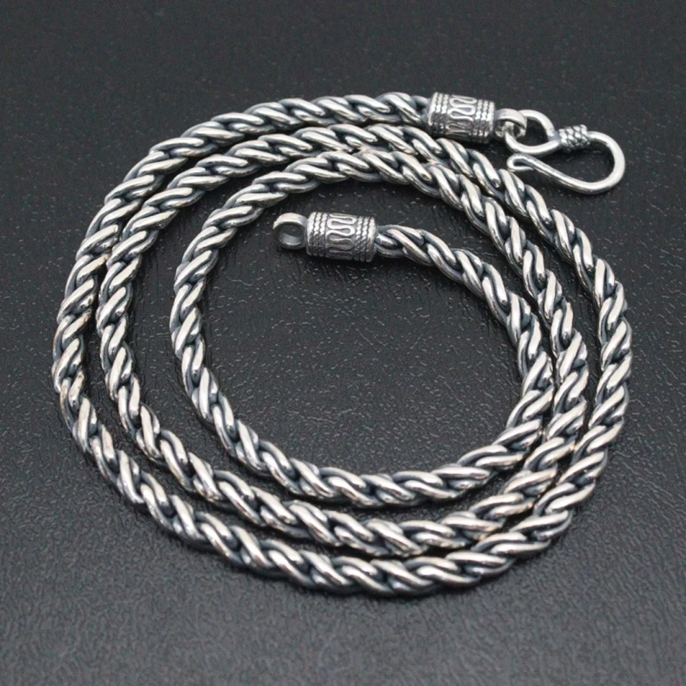 

Real Solid 925 Sterling Silver Chain Men 4mm Twist Rope Necklace 45-46g/55cm