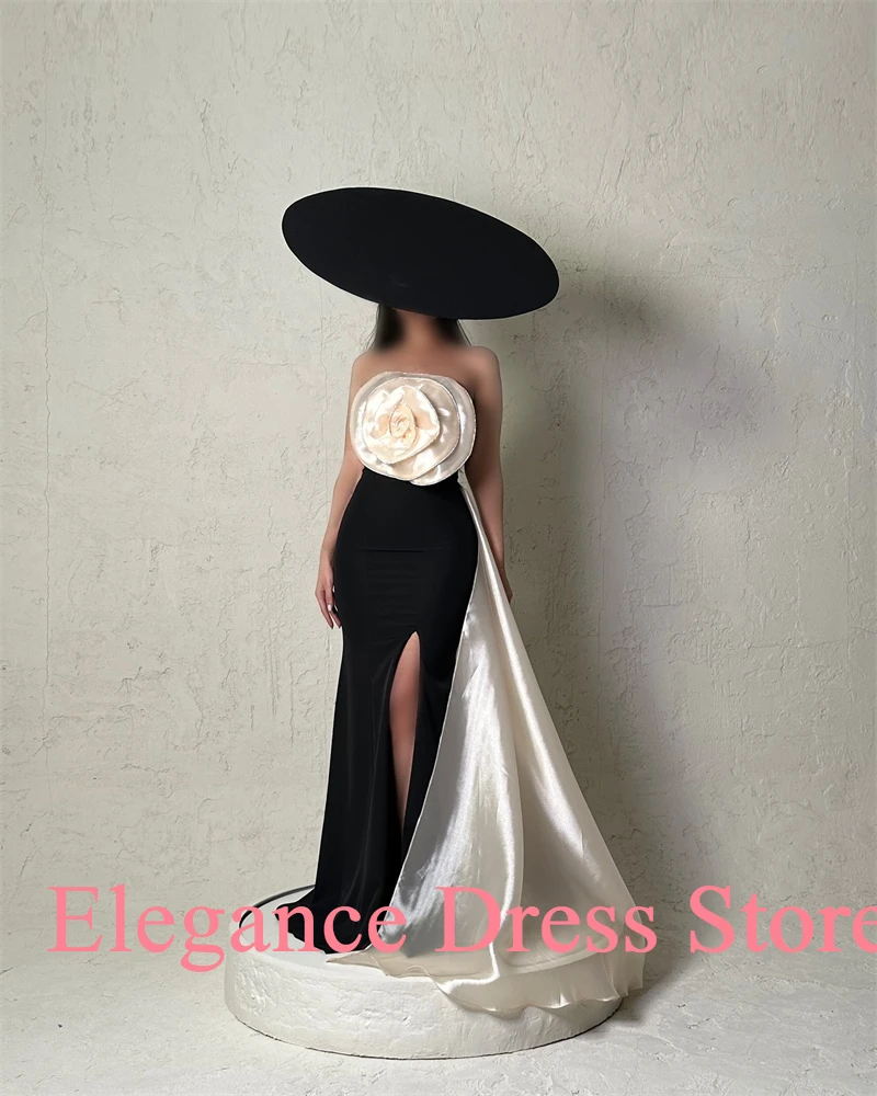 Customized Graceful Mermaid Flowers Panel Train Evening Dresses Delicate Satin Pleats Strapless Vestido De Festa Robe