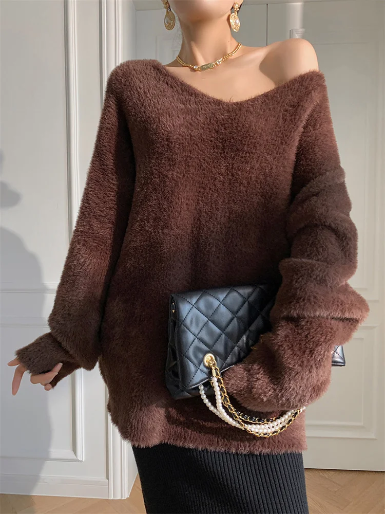 

Imitation Mink Velvet Soft V-neck Sweater Long Sleeve Pullover Thick Pullover Female Luxury 2022 Autumn Winter H307