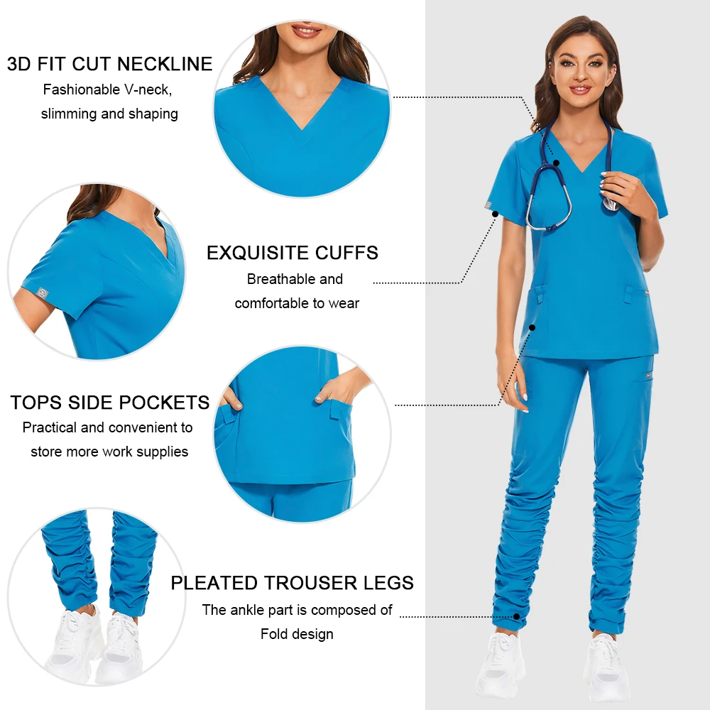 Heißer Verkauf Pflege medizinische Peeling Uniform V-Ausschnitt Krankenhaus uniformen Kurzarm Tops Jogger hose Arbeits kleidung Frauen Spa Schönheits uniform