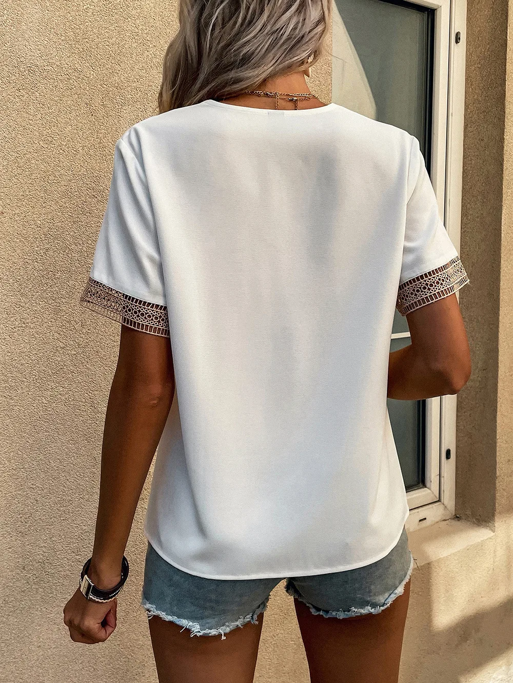 2024 Summer Elegant Blouse Fashion Women Short Sleeve Chiffon Tops  V-neck Quilted Female Lace Shirt Tops Hollow Out Clothes