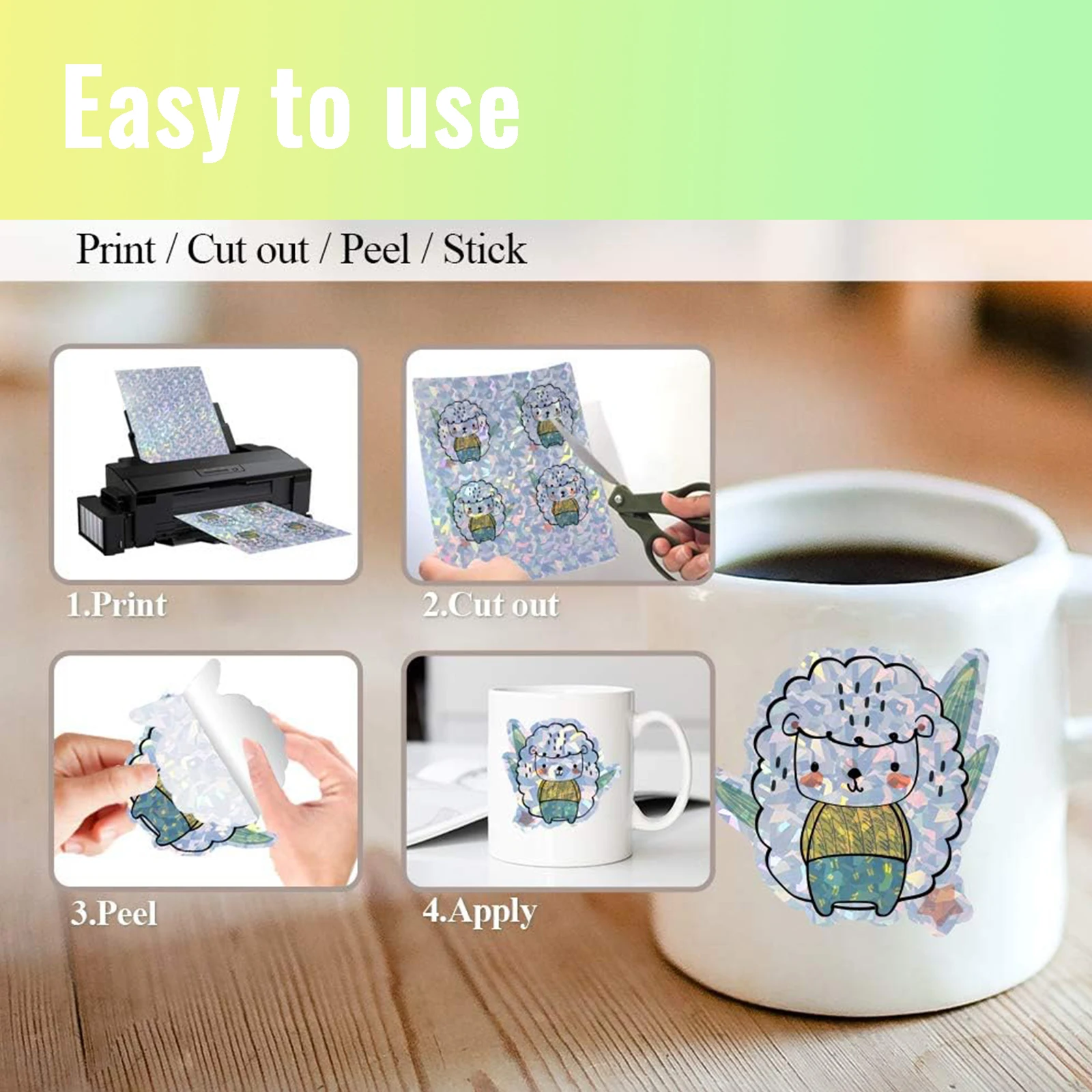 20 Sheets A4 Size Printable Diamond Holographic Sticker Paper 8.3x11.7 Inch Self-Adhesive Waterproof Broken Glass Vinyl Sticker