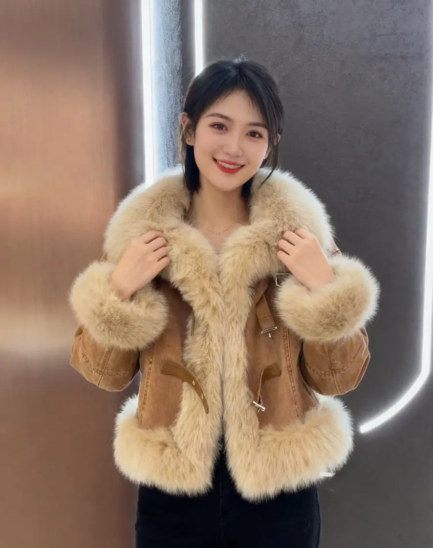 

Denim Coats Woman Oversize Fur Plush Womens Autumn Boxy Cut Minimalist Street Trend Urban Office Patchwork Corduroy Standneck OL