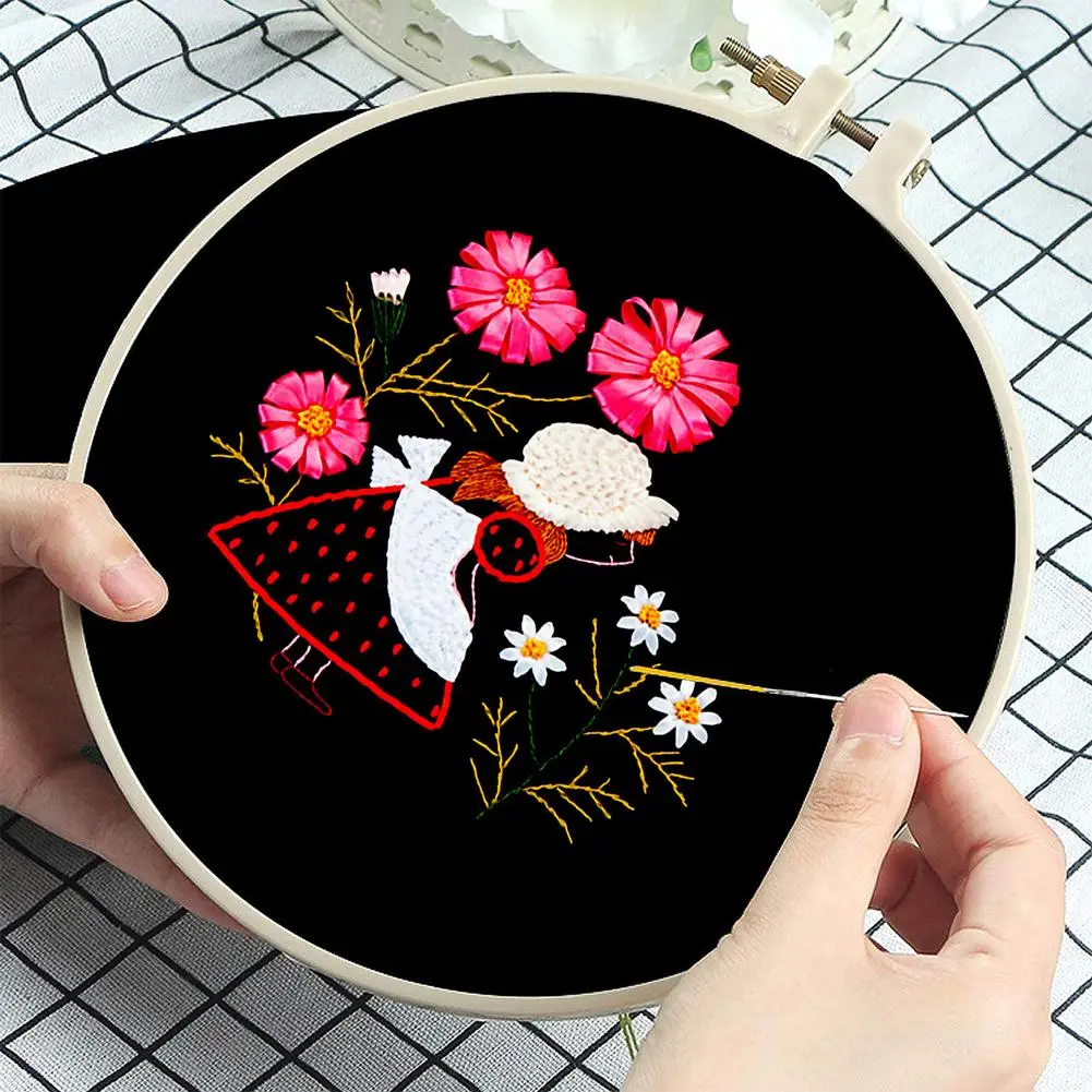 YOUZI DIY Embroidery  Kit With Pattern 20cm Embroidery Hoop Diy Embroidery Tools Set