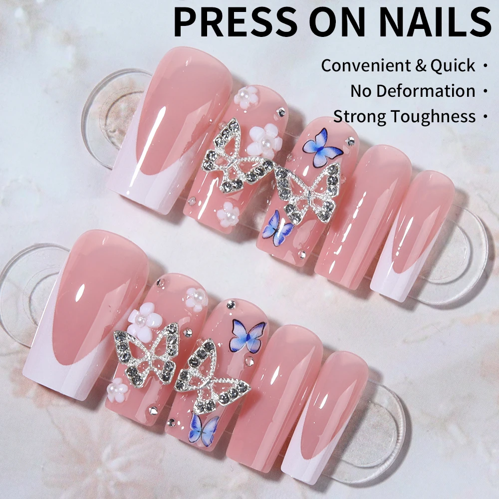 Get Glamorous with, 24 Uds. De mariposa de aleación 3D, cuadrado, blanco, acrílico francés, puntas de uñas, flor 3D con perlas de diamantes de imitación