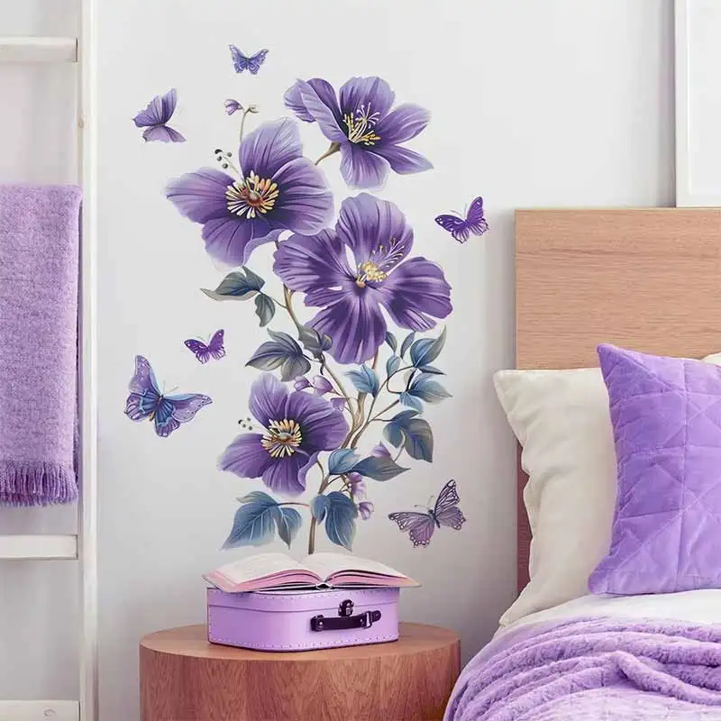 

Purple Bouquet with Butterflies Wall Stickers - Bedroom Living Room Decorative Mural Background Wall Decor AA366
