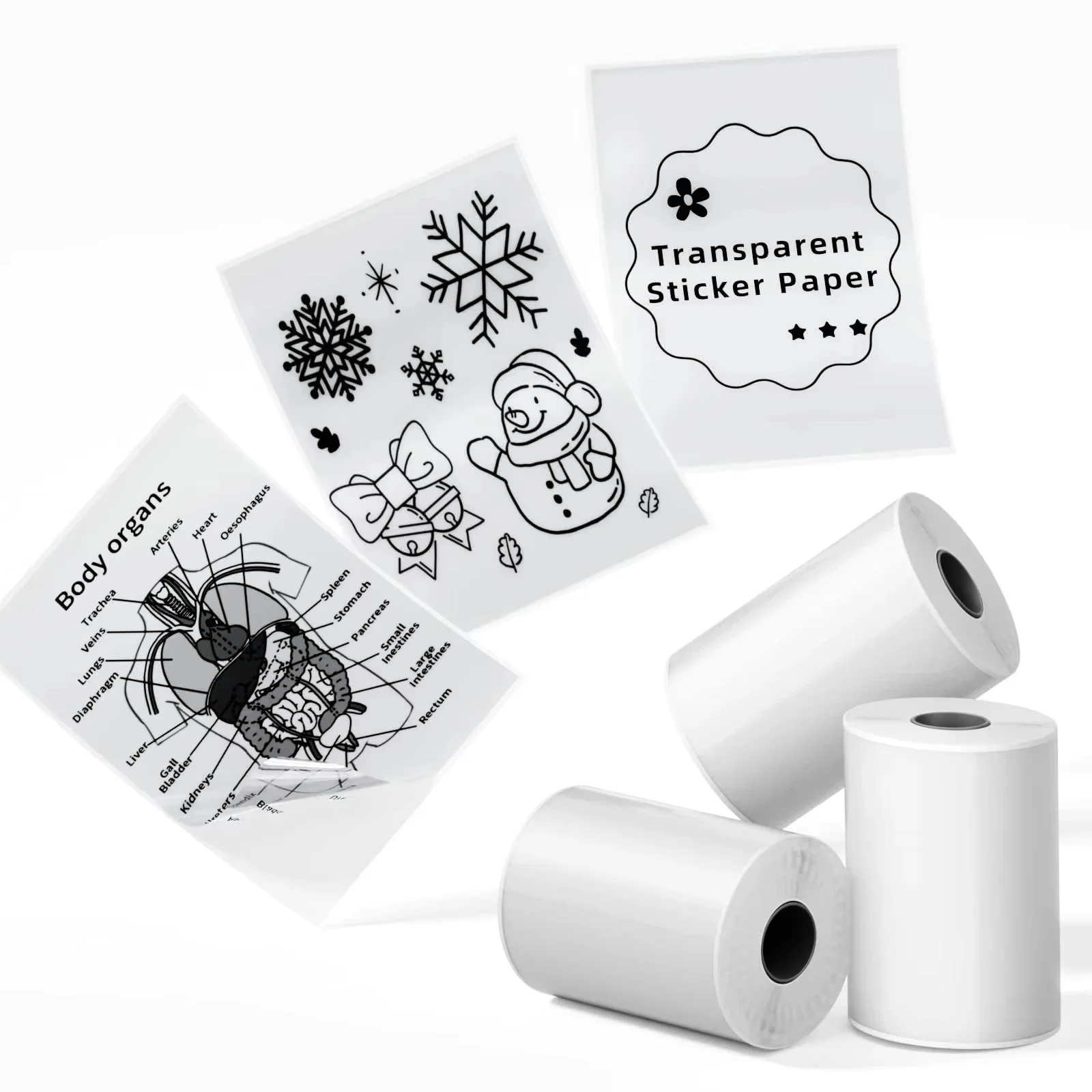 T02 Transparent Paper Clear Sticker Paper- for Study Notes, Photos, List, Stickers, Black on White, 3-Rolls 53mm Thermal paper