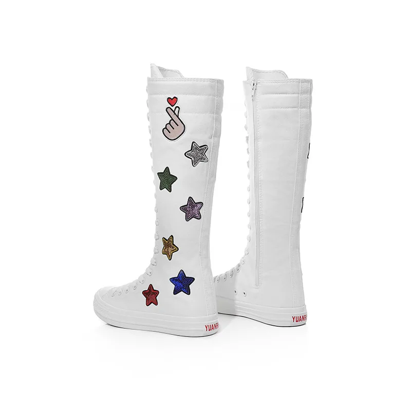 Girls Canvas Bling Boots School Long Lace Up Boots Zipper Sneaker Embroidery Stars Hearts Upper Women Plus Size Casual Shoes