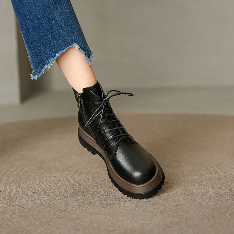 NEW Autumn Boots Women Split Leather Round Toe Platform Boots Casual Winter Thick Heel Chunky Boots Black Ankle Boots for Women