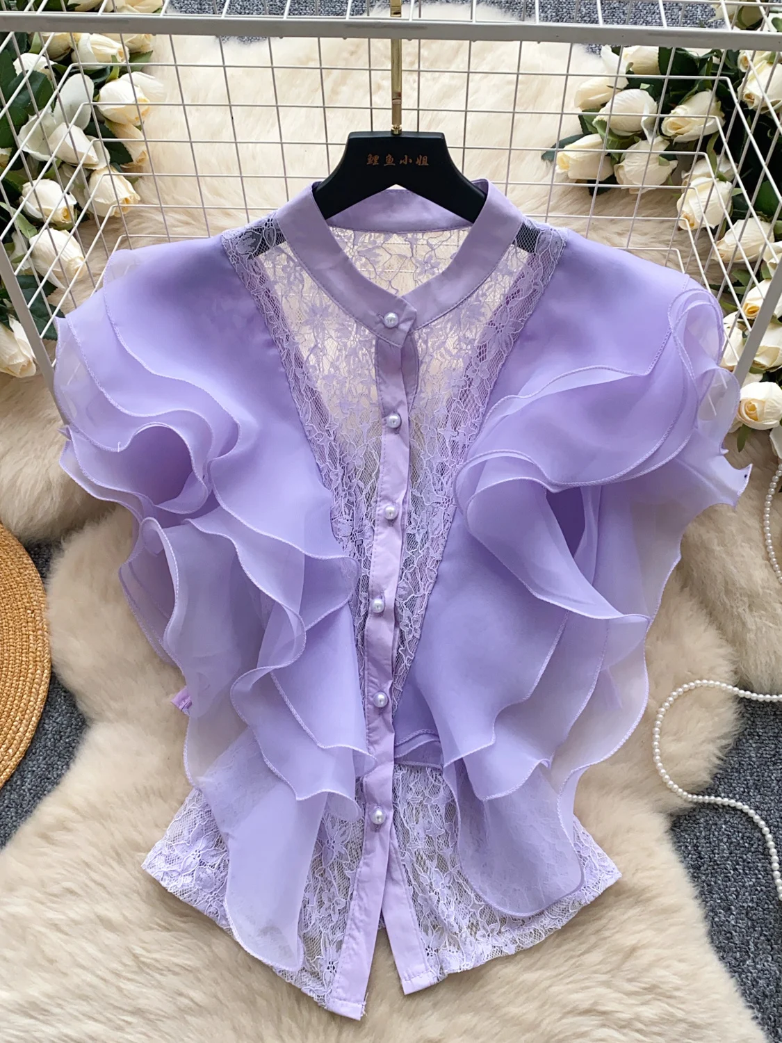 بلوزة أنيقة من الدانتيل للنساء، تصميم صيفي رقيق مع تطريز، مناسبة للعمل، فضفاضة على الطراز الكوري، بأكمام قصيرة وعصرية