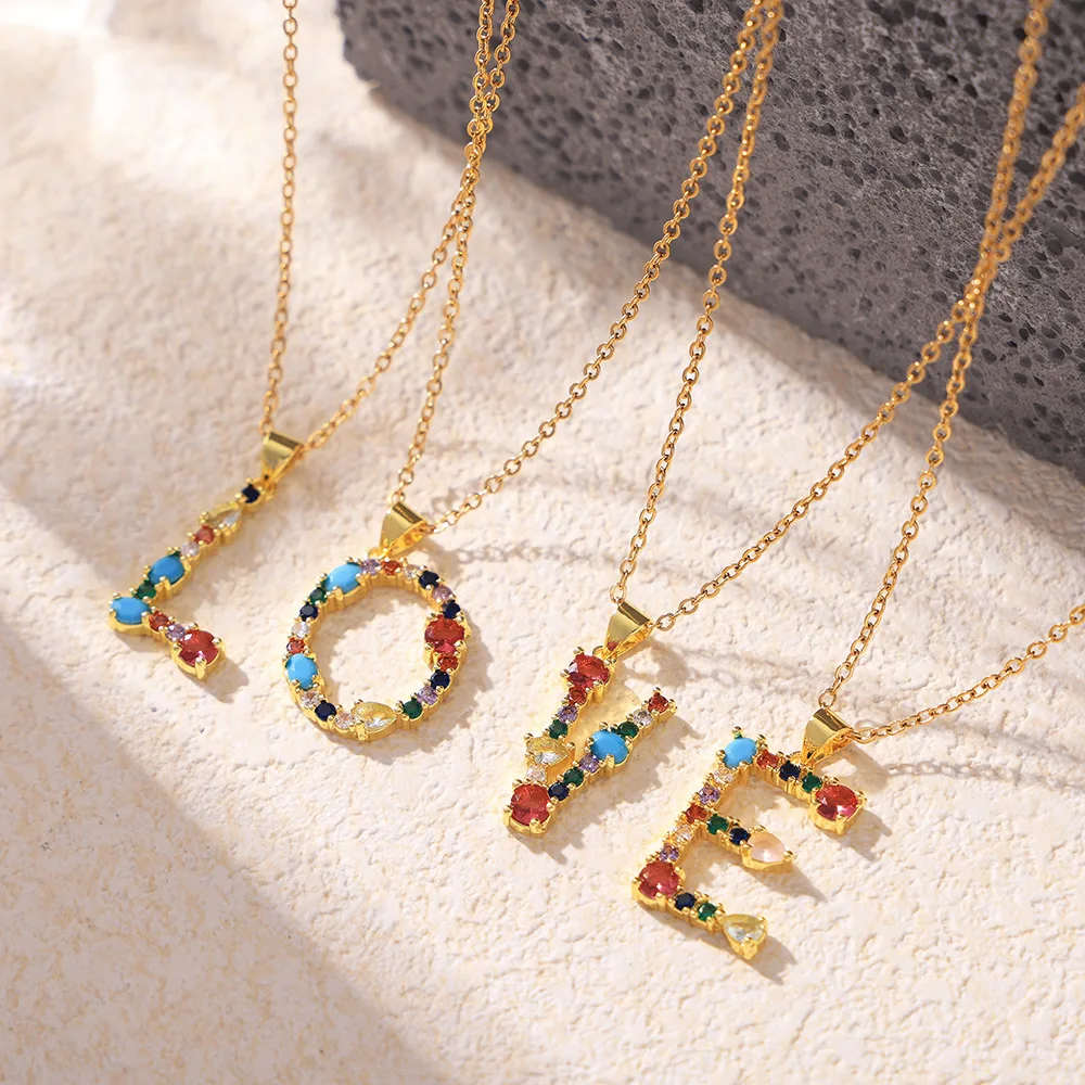 Hot Sale Rainbow Color Initial CZ Necklace Charm Letter Pendant Name Jewelry Women Accessories Fine Party Birthday Gift