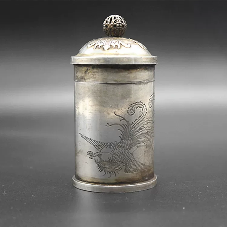 Size 8.5 × 4.4 CM Old China Tibet Silver Carving Dragon Phenix Bat Inlay Toothpick Bucket