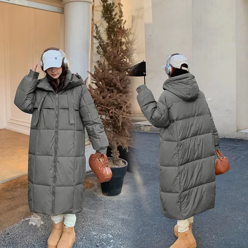 -30 Degrees Long Knee Length Winter Women\'s Down Cotton Jacket Thick Hooded Loose Outerwear Fashion Design Ladies Coats Female