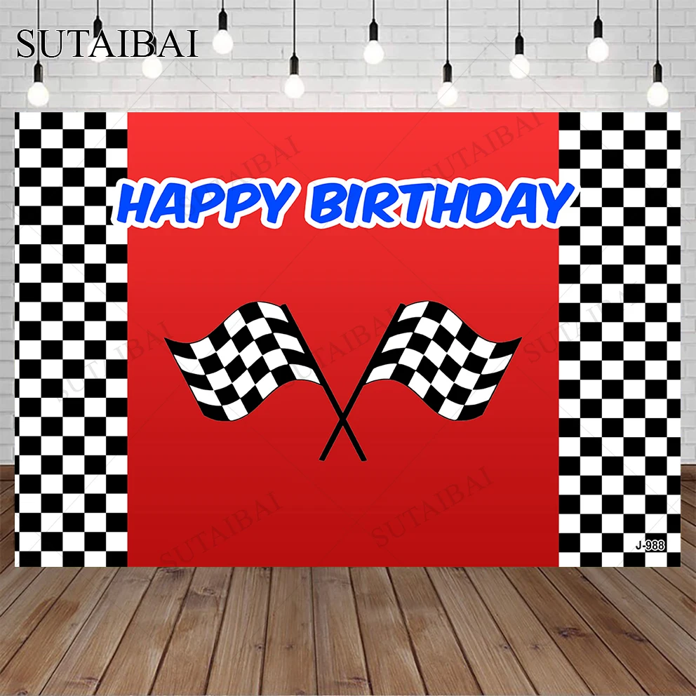 

Flag Photography Backdrops Black and White Grid Double-sided Cross Flag Happy Birthday Photo Background Red Vinyl Photo Studio