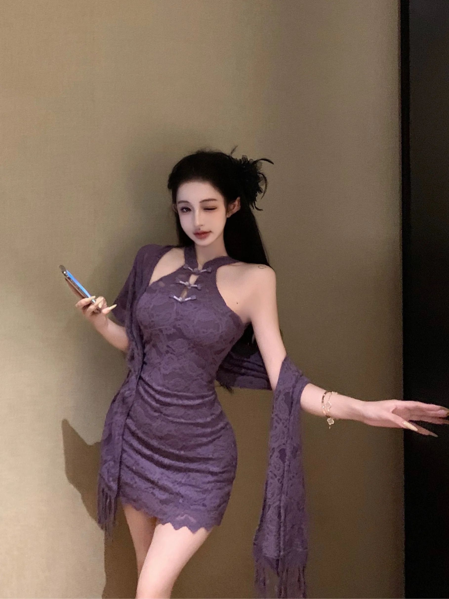 

Новая китайская фиолетовая шитье с улучшенным кружевом ter Dr Slim Fit облегающая юбка Date ort Юбка Sexy Sle Midi D...