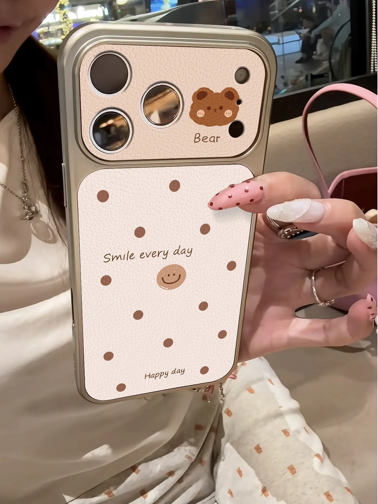 Einfache Polka Dots Luxus-Imitation 17 Handyhülle für iPhone 13 14 15 16 17 Pro Max 17Pro, plattierter Stoßfänger, stoßfeste Lederhülle – Detail 15