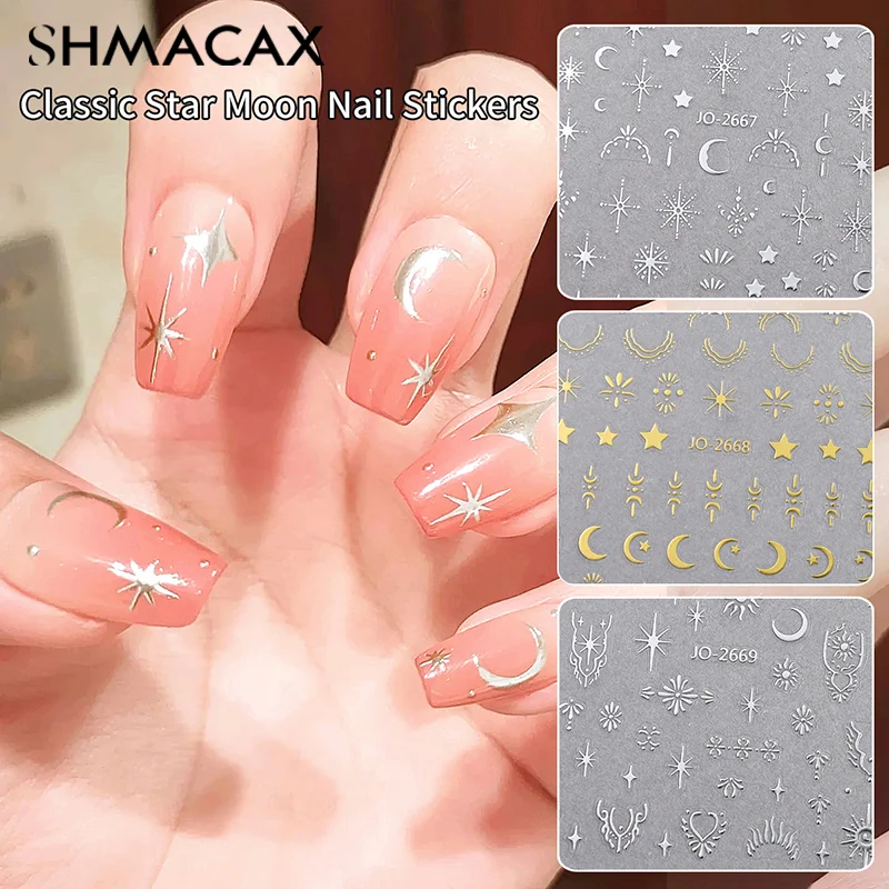 3D Gold Silber Stern/Sonne/Mond Bronzing Nail Art Aufkleber Laser Stile Nagel Aufkleber Selbstklebende Slider Für DIY Nägel Design Dekor