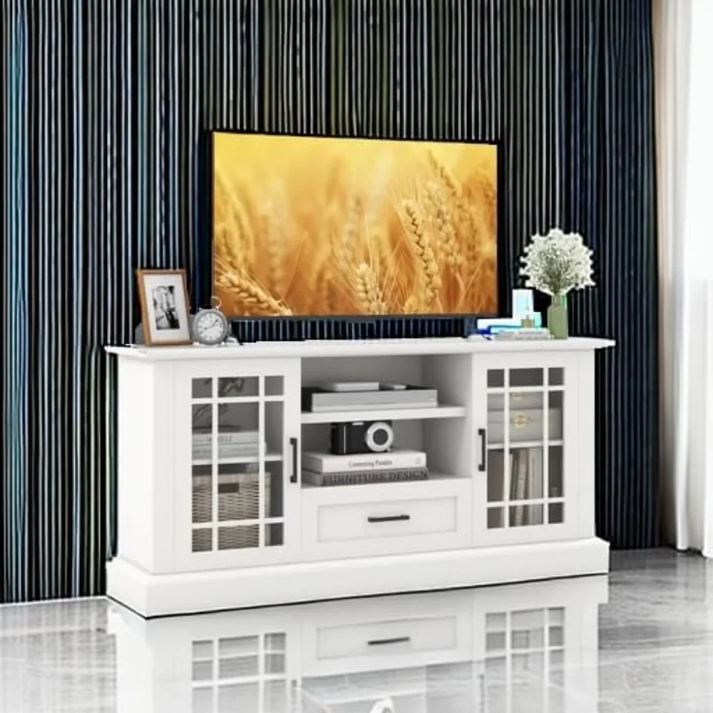 

Farmhouse TV Stand for TVs Up To 70 Inch, Tall Media Console Table with 2 Glass Doors, Entertainment Center, TV Stand