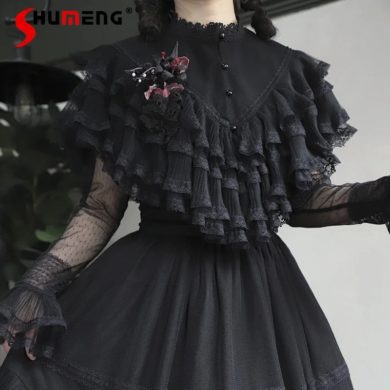 2024 Ladies Gothic Dark Lace Pearl Button Lolita Black Shirt Womens Loose Elegant Fashion Inside Blouses Loose Cloak Mujer Tops