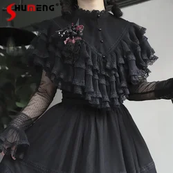 2024 Ladies Gothic Dark Lace Pearl Button Lolita Black Shirt Womens Loose Elegant Fashion Inside Blouses Loose Cloak Mujer Tops