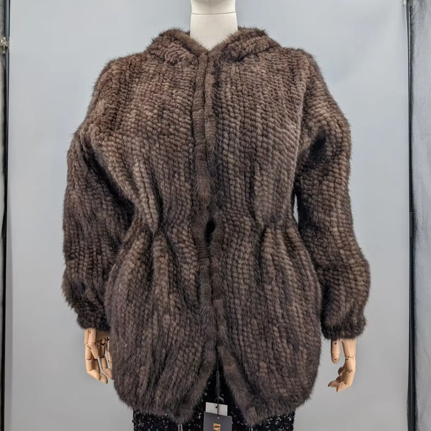 Real Mink Knitted Hooded Coat Women Brown Long Sleeve Open Front Luxury Winter Fur Outerwear Jacket 260721