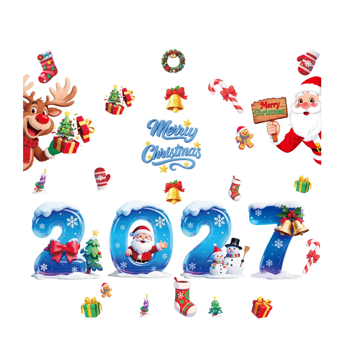 Cartoon Reindeer Christmas Static Glass Stickers, Creative Snowflake Santa Claus Decals, Holiday Decor