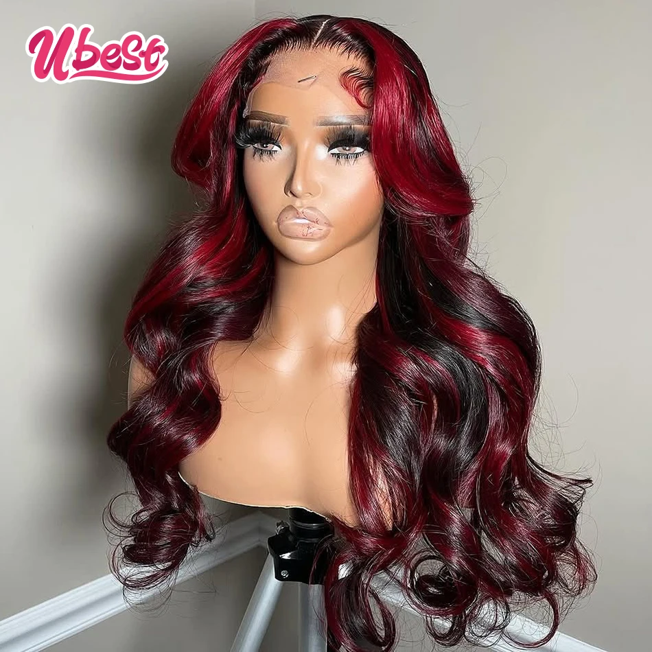 

Ubest 13X6 Transparent Lace Front Wigs Body Wave Human Hair Highlights Red Colored 5X5 Lace Closure Wig Pre Plucked For Women